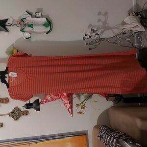 Heather gray and bright red orange striped short sleeve tee shirt maxi dress